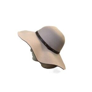 Charlotte Russe Beige Wide Brim Felt Hat Faux Leather Brass Trim Band One Size